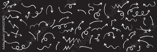 Arrow drawn hand vector line icon set. Hand drawn brush chalk stroke arrow curve, thin pencil scribble shape with vintage charcoal crayon texture. Doodle up down arrow symbol. Vector illustration