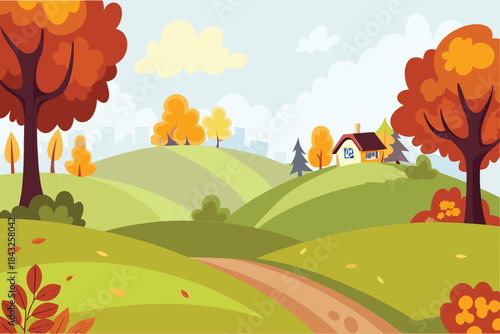 A picturesque autumn landscape featuring rolling hills colorful trees and a cozy
