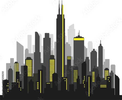 Cityscape Silhouette: A stylized cityscape silhouette, featuring a skyline of various skyscrapers and buildings. This architectural composition focuses on the urban landscape