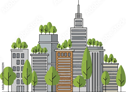 Cityscape Harmony: A vibrant illustration showcasing an urban environment where towering buildings seamlessly integrate with lush, verdant trees.