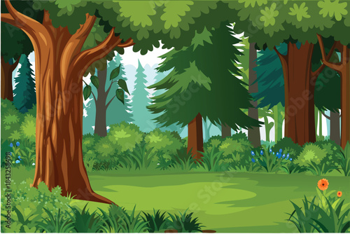 a vibrant forest scene with lush green trees and a grassy foreground high quality