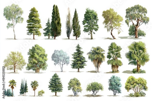 Assortment of diverse trees, each painted realistically. Various shapes and sizes