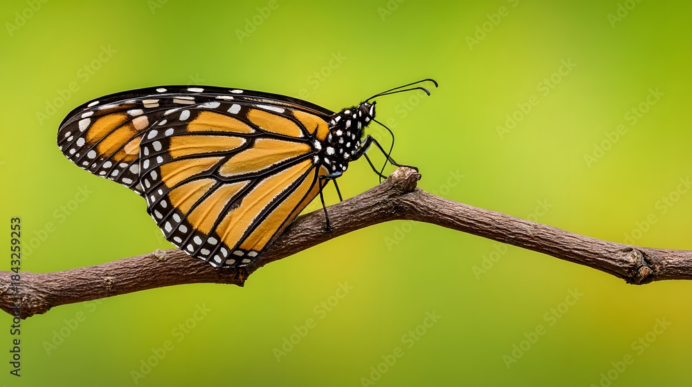 Fototapeta premium Monarch Butterfly Perched on a Twig with Blurred Green Background.