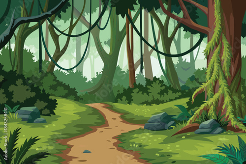 a lush jungle scene with a winding path and dense vegetation growth high quality