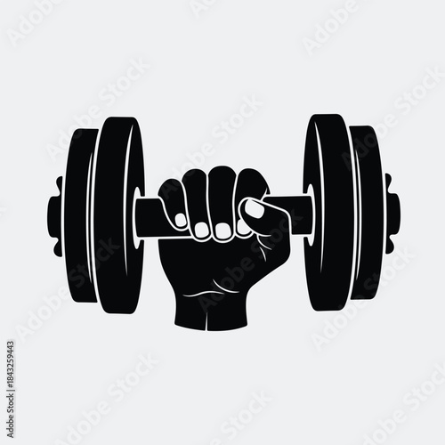 Silhouette hand holding a heavy dumbbell showing strength and fitness power vector illustration