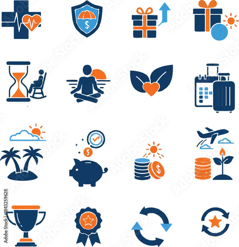 Colorful icons set, healthcare, insurance, retirement, bonus, wellness, eco leaves, travel, savings, trophy, flexibility, vacation, reward, growth