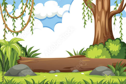 lush jungle scene with a large tree vines and verdant grassland below high quality