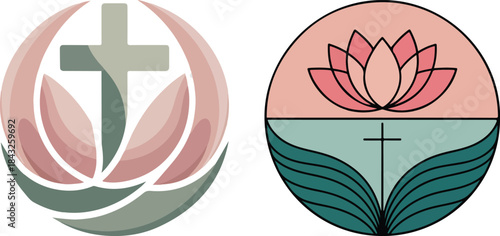 Christian cross and lotus flower logos vector christianity