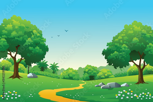 A serene landscape featuring lush green trees a winding path and a
