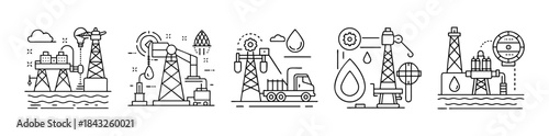 Oil and gas industry production, extraction, and transportation icons