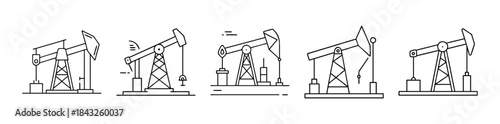 Oil pumpjack icons set: illustrating energy extraction and industry