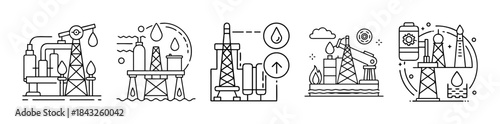 Oil and gas industry line icons set: extraction, refinery, energy
