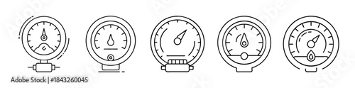 Set of five outline pressure, speed, and fuel level gauge icons
