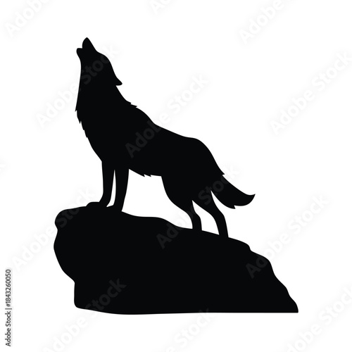 Single Wolf Howling at the Sky While Standing on a Rocky Outcrop, Isolated Vector Silhouette