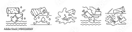 Water pollution icon set: environmental contamination and discharge