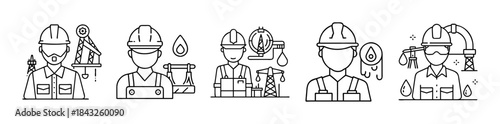 Oil and gas workers, energy production, petroleum industry line art icons