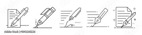 Line icons of pens writing on documents, signing, and contracts