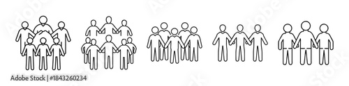 Outline icon sets of diverse people groups, team, community, and unity