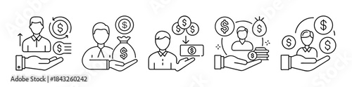 Financial transactions and money exchange line art icon set.