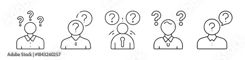 Questioning minds: line icons of confused people seeking information