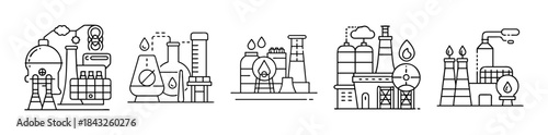 Industrial facilities, oil refining and chemical processing icons