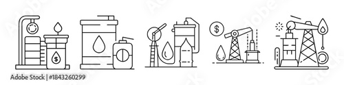 Oil and gas industry production, finance, and fuel station line icons
