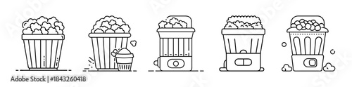 Popcorn machines and cinema snack buckets outline icons collection
