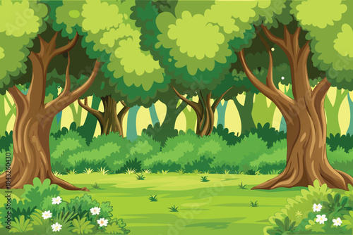 lush green forest scene with vibrant foliage and a sunlit grassy clearing high quality