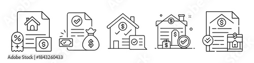 Real estate property finance, mortgage and home loan line icons