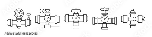 Industrial pipe systems with pressure gauges and control valves line art