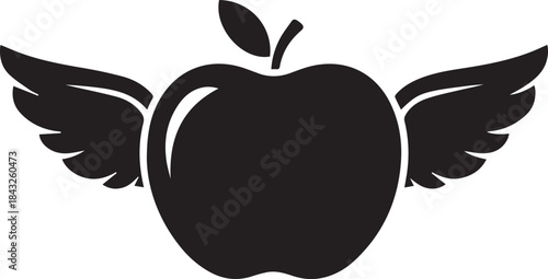 Winged apple silhouette, flying fruit icon, fantasy design, health symbol, nature element, vector art, minimal style, black graphic, white background, creative concept