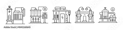 Industrial power generation, resource, and factory line icons set