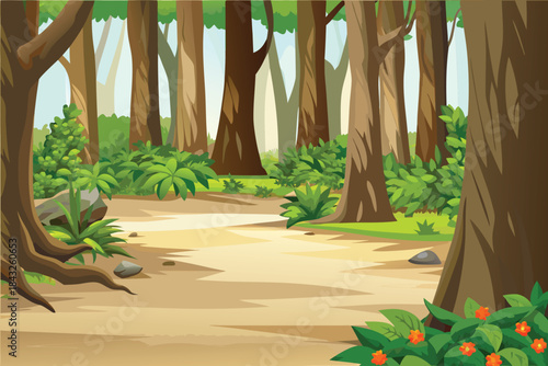 a vibrant forest path winds through lush greenery and tall brown tree