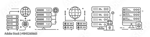 Global network server and data hosting infrastructure line icons set