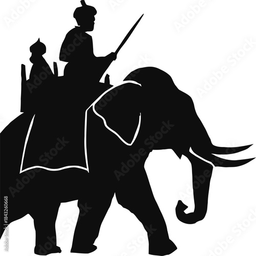 Vector illustration of an elephant and rider silhouette walking in nature with a child