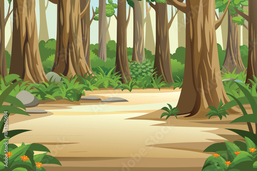 a vibrant forest scene with towering trees a sandy path and lush