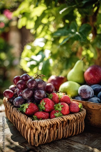 Wallpaper Mural Assortment of fresh fruits in baskets, on wooden table, vibrant natural light and leaves background Torontodigital.ca