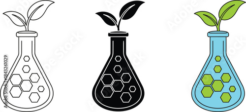 Eco science flask icons set, biotech plant chemistry flat vector design collection