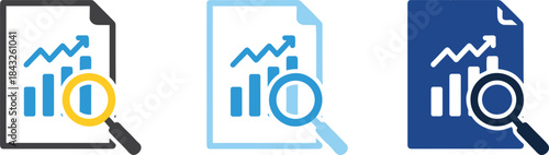 Document analysis icons set, chart magnifying glass audit flat vector design collection