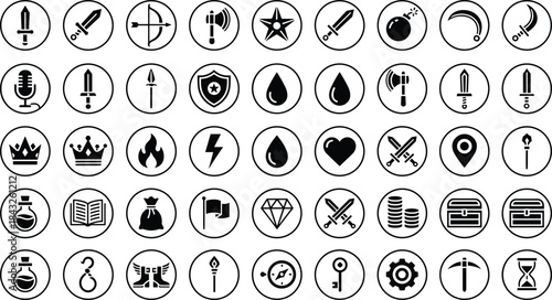 RPG adventure game icons set featuring weapons, shields, magic items, collectibles, tools, fantasy symbols, user interface elements in bold minimal vector style