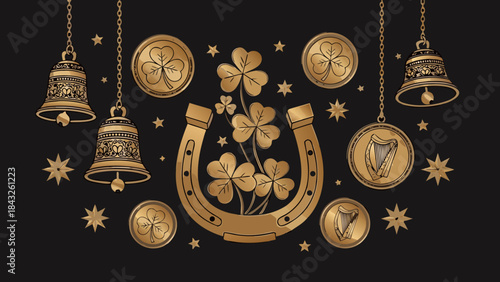 Golden luck symbols with shamrocks, bells, and stars on black background  