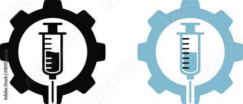 Medical syringe gear icon, biotech injection symbol, health tech flat vector icons