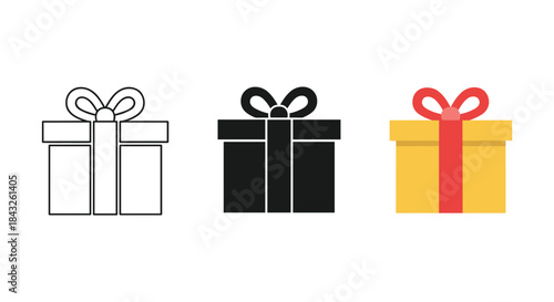 Three gift boxes with different colors and ribbons