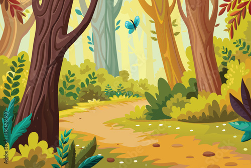 a vibrant forest scene with trees a path and a fluttering blue