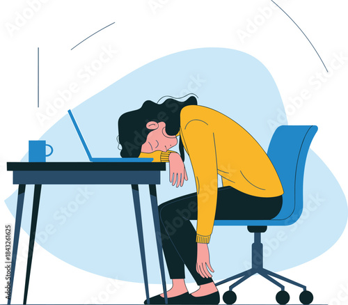 Exhausted employee sleeping at desk with laptop and coffee mug, representing burnout, stress, overwork, fatigue, and workplace exhaustion