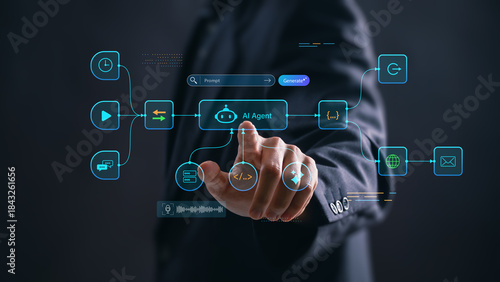 Canvas Print Businessman interacting with AI agent interface to automation processes and managing digital tasks workflow, process data, and control smart systems, showing artificial intelligence innovation