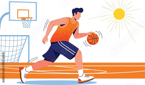 A vibrant illustration of a basketball player dribbling with a hoop and sun on transparent background