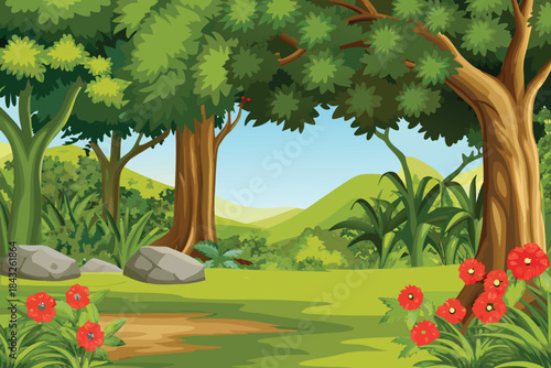 lush forest scene with towering trees vibrant flowers and a peaceful natural