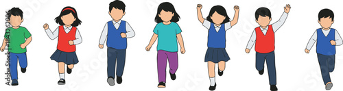 Group of Children Running in School Uniforms and Casual Outfits, Dynamic Motion, Diverse Kids Activity for Education, Fun, and Design