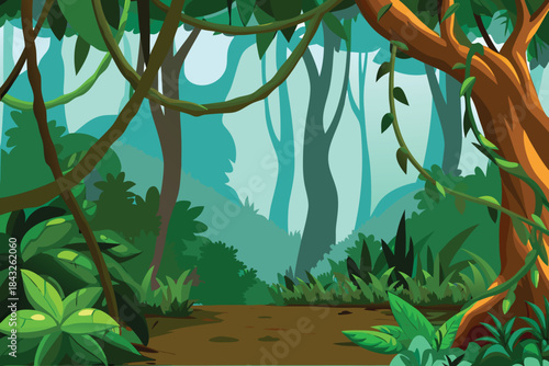 lush green jungle scene with dense foliage hanging vines and a dirt